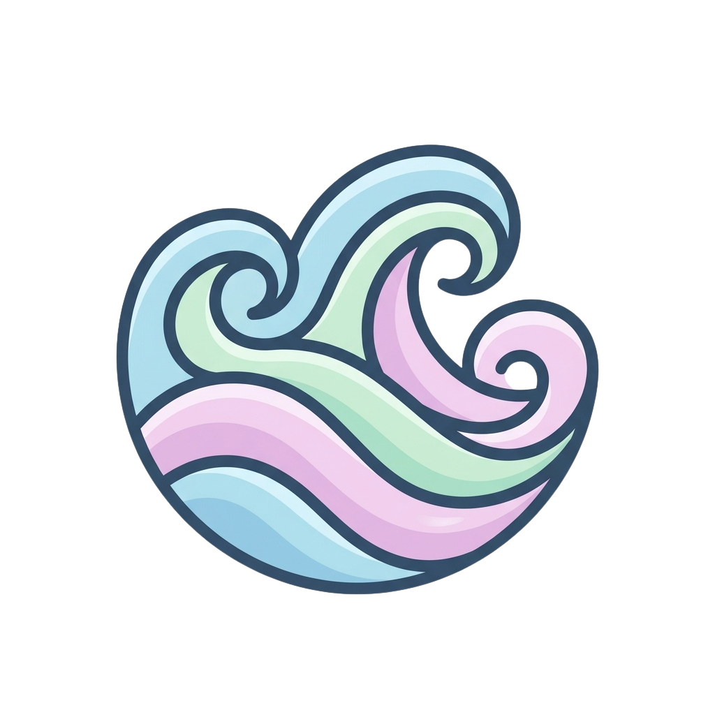 Abstract circular design featuring a stylized wave pattern with pastel blue, pink, and green gradients