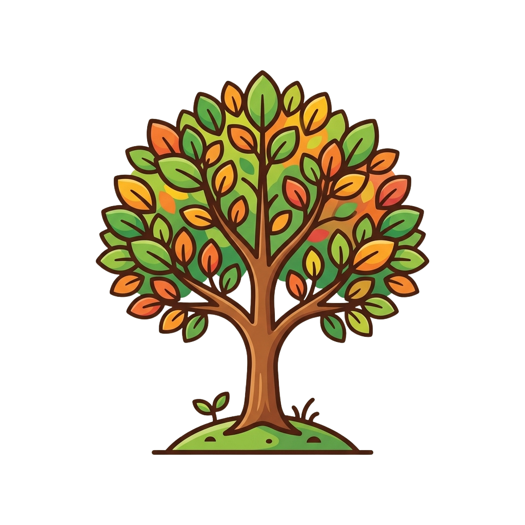 A stylized tree with green, orange, and yellow leaves against a black background