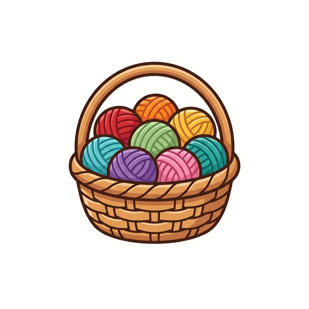 A woven basket filled with seven balls of multicolored yarn in red, orange, green, teal, purple, and pink.