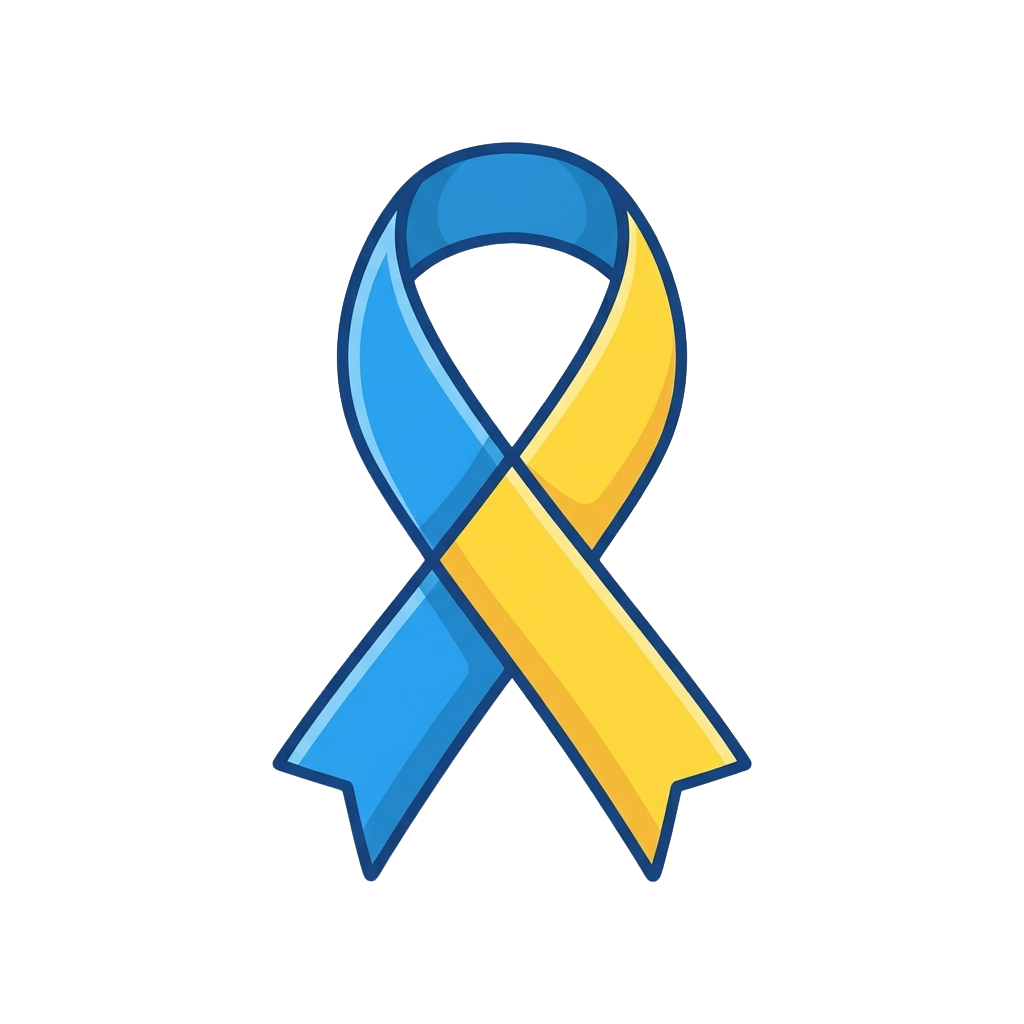 A ribbon symbol with blue and yellow colors against a black background