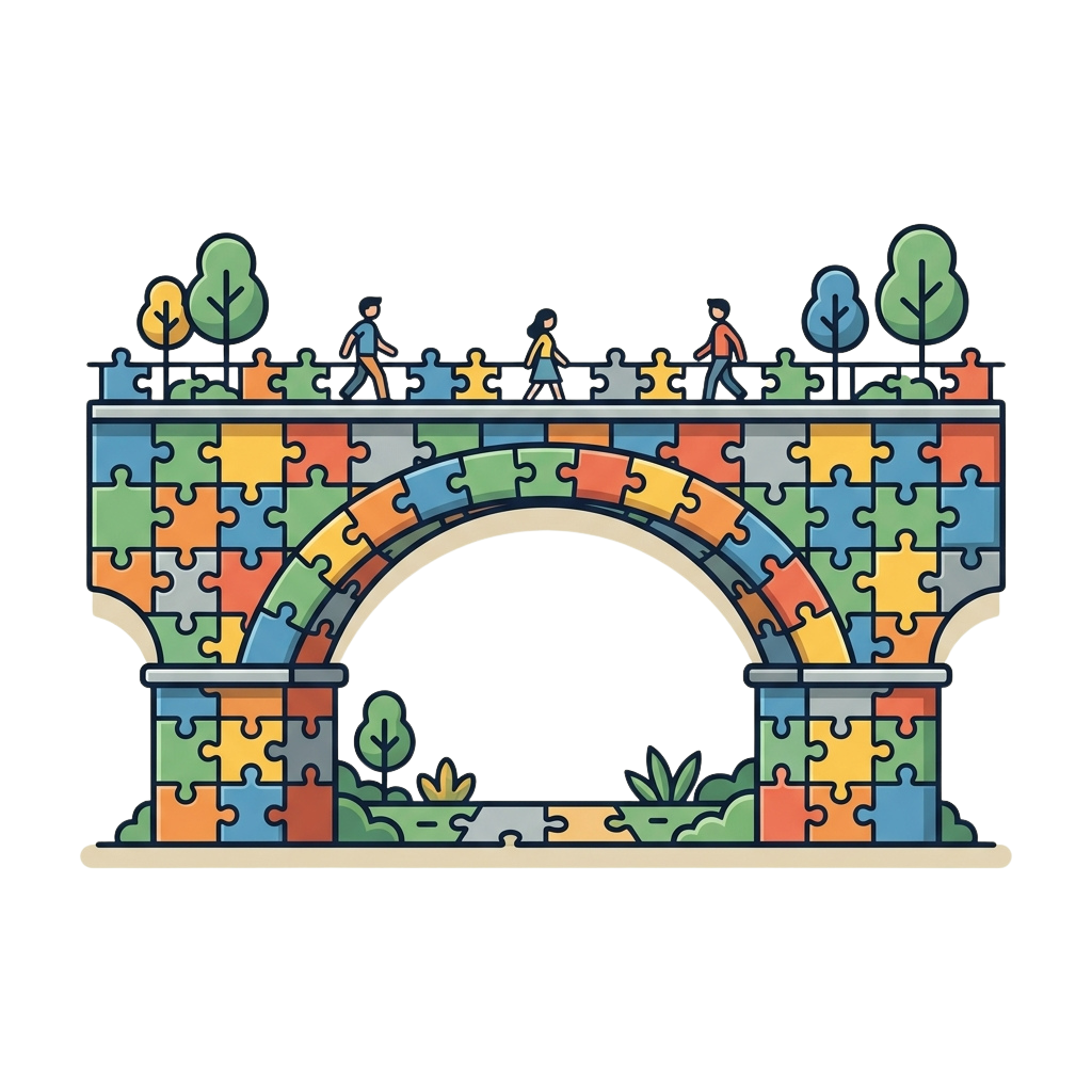 Illustration of a bridge made from colorful jigsaw puzzle pieces with three people walking across it and small trees on both sides