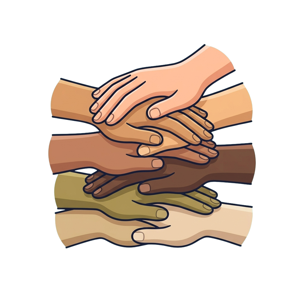 Illustration of four hands of different skin tones clasped together in a circle symbolizing unity and cooperation