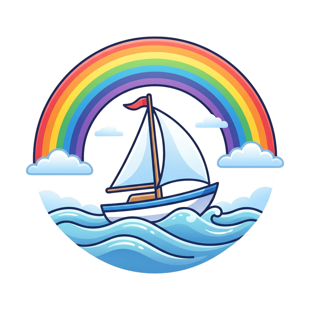 A sailboat floating on wavy water beneath a rainbow and fluffy clouds