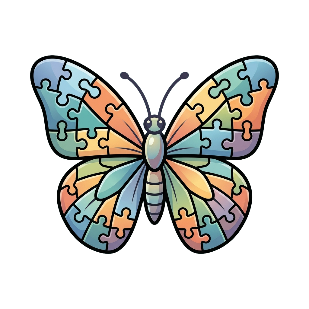 A stylized butterfly with wings made of interlocking puzzle pieces in shades of blue, green, orange, and purple