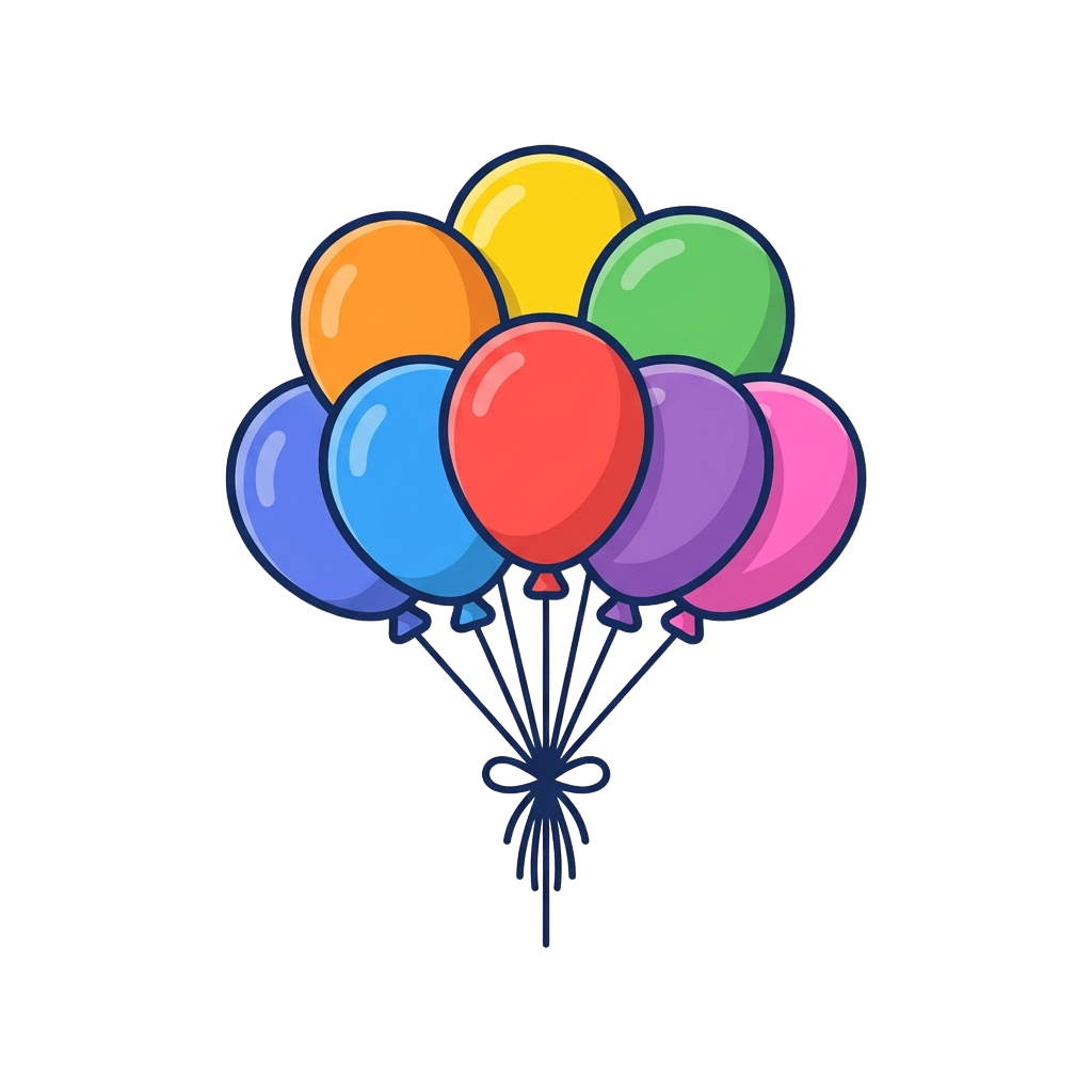 Seven vibrant balloons in colors orange, yellow, green, red, blue, purple, and pink tied together with a ribbon