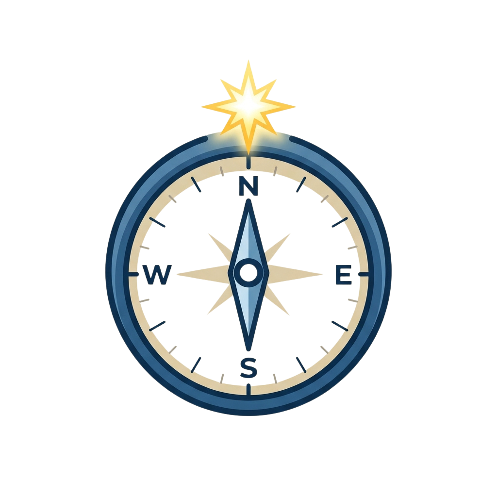 A stylized compass with a glowing star at the top indicating north direction