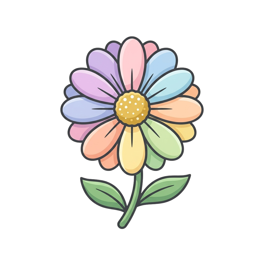 A cheerful cartoon daisy with pastel petals and green leaves on a black background