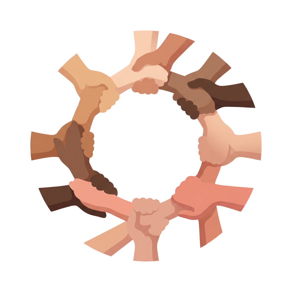A circular arrangement of hands joined together forming a gear shape
