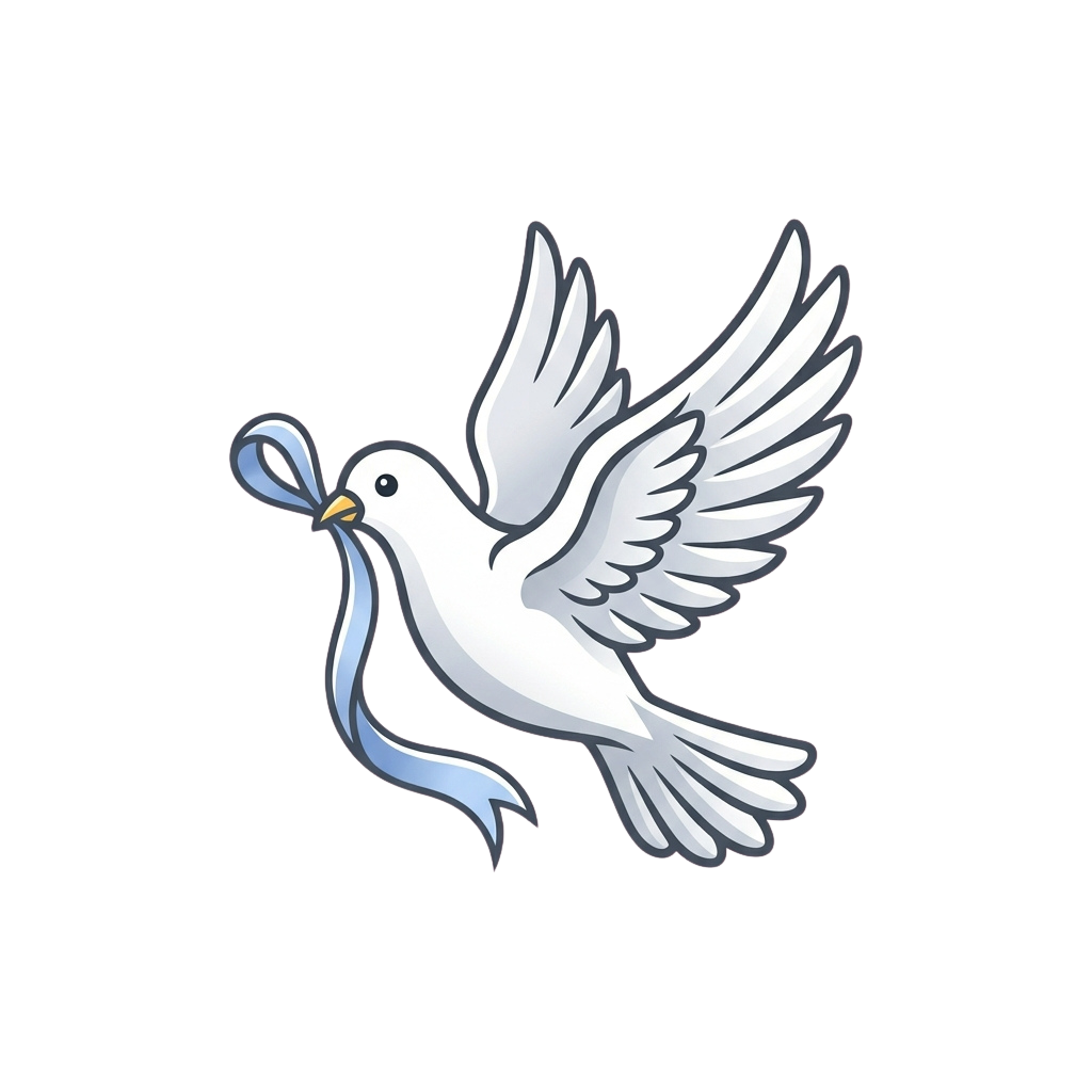 A white dove in mid-flight with wings spread wide against a black background