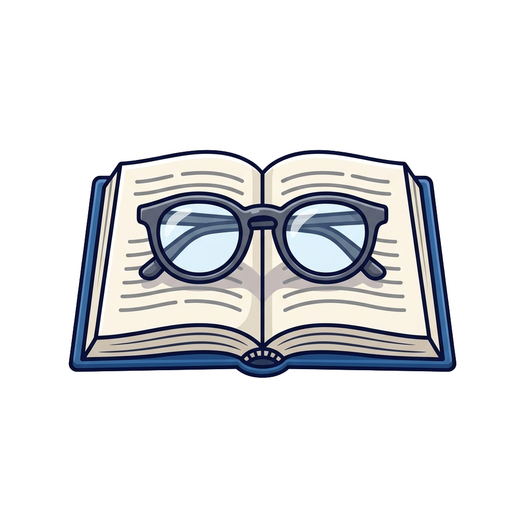 An open book with a pair of glasses resting on the pages