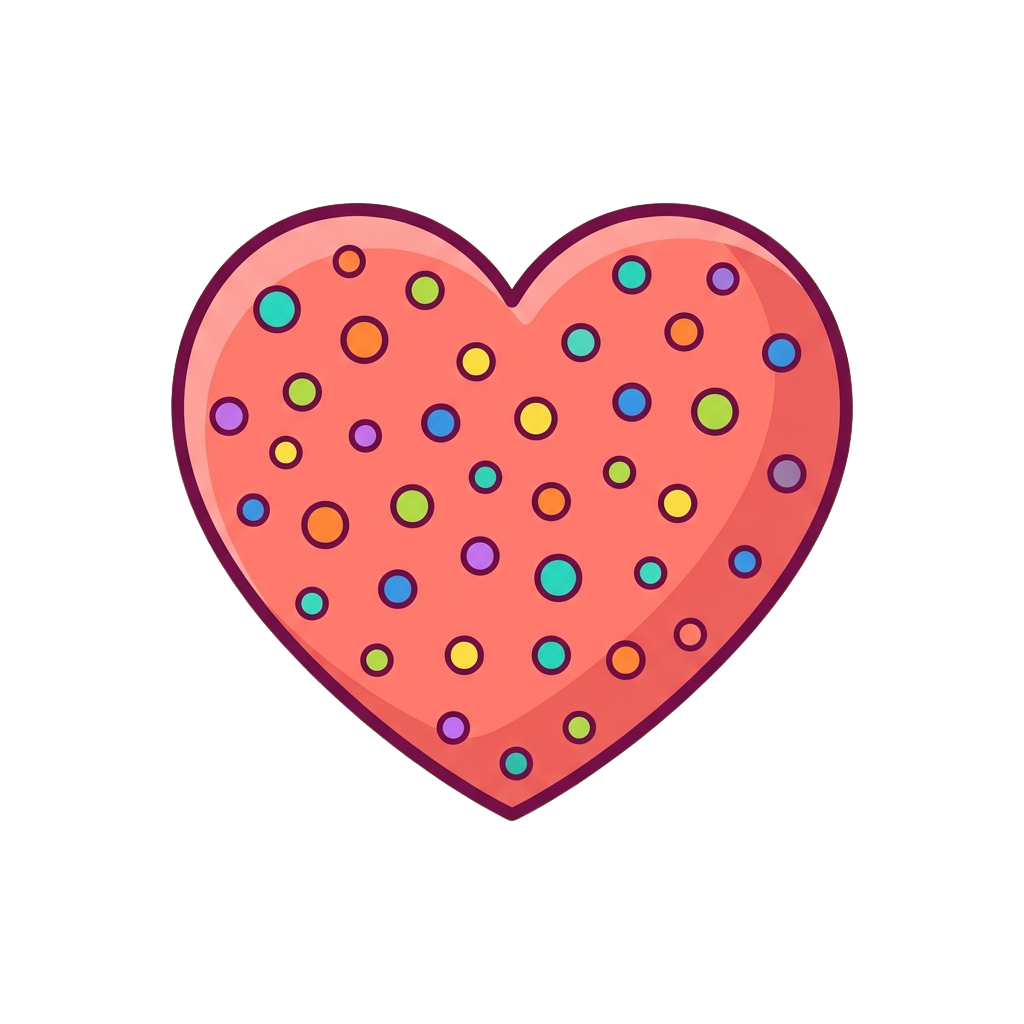 A pink heart filled with multicolored circular polka dots on a black background