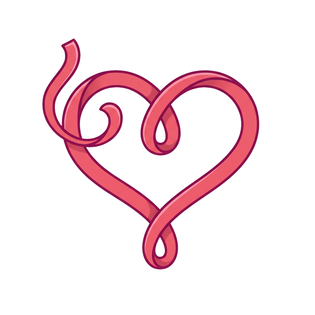 A stylized pink heart with elegant swirls on each side against a black background