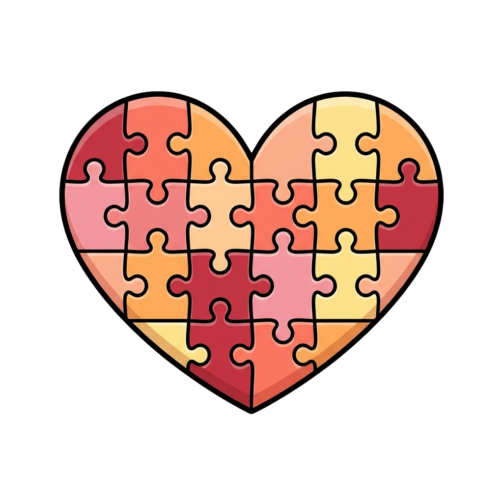 A heart made up of interlocking puzzle pieces in warm gradient colors