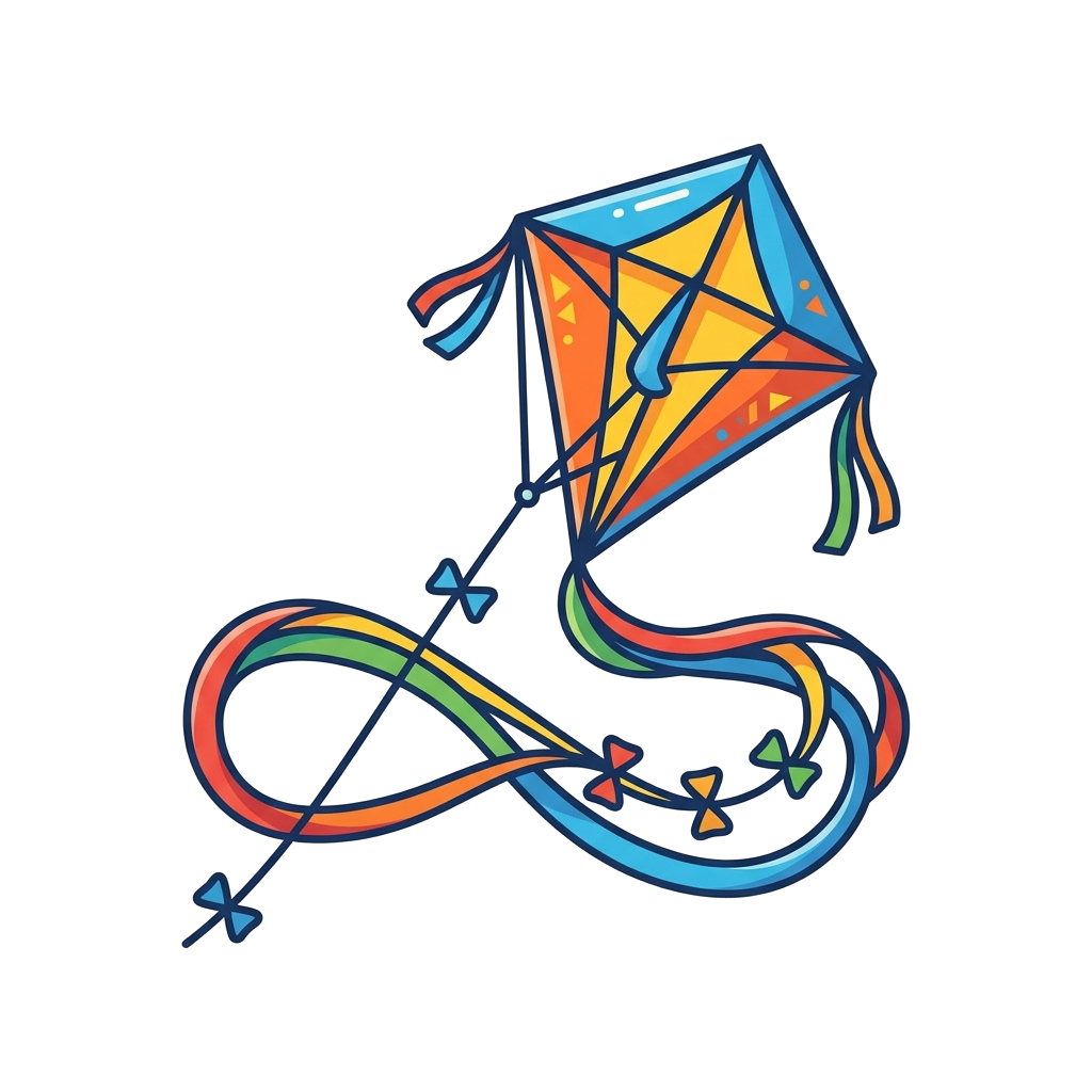 A stylized kite with an infinity symbol tail in vibrant colors against a dark background