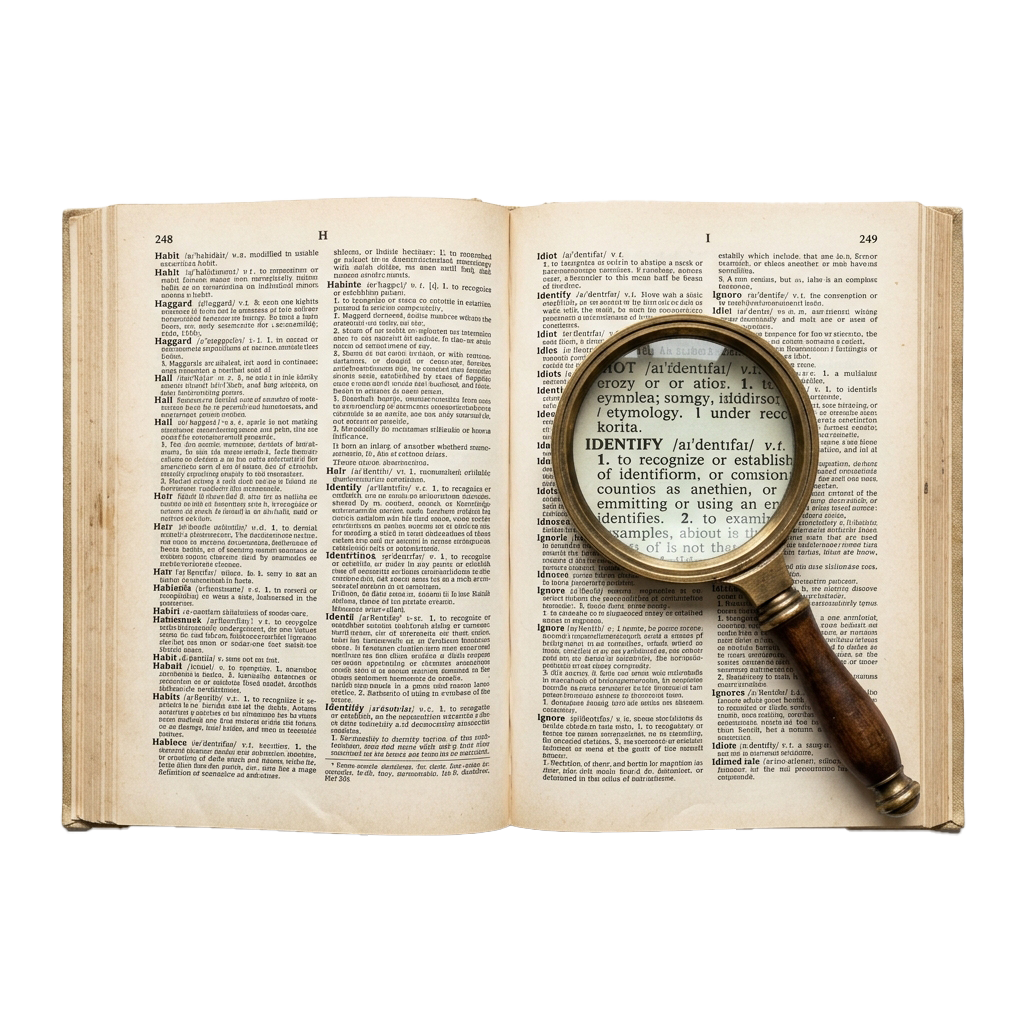Open vintage dictionary displaying definitions and etymology of words like habit and identify