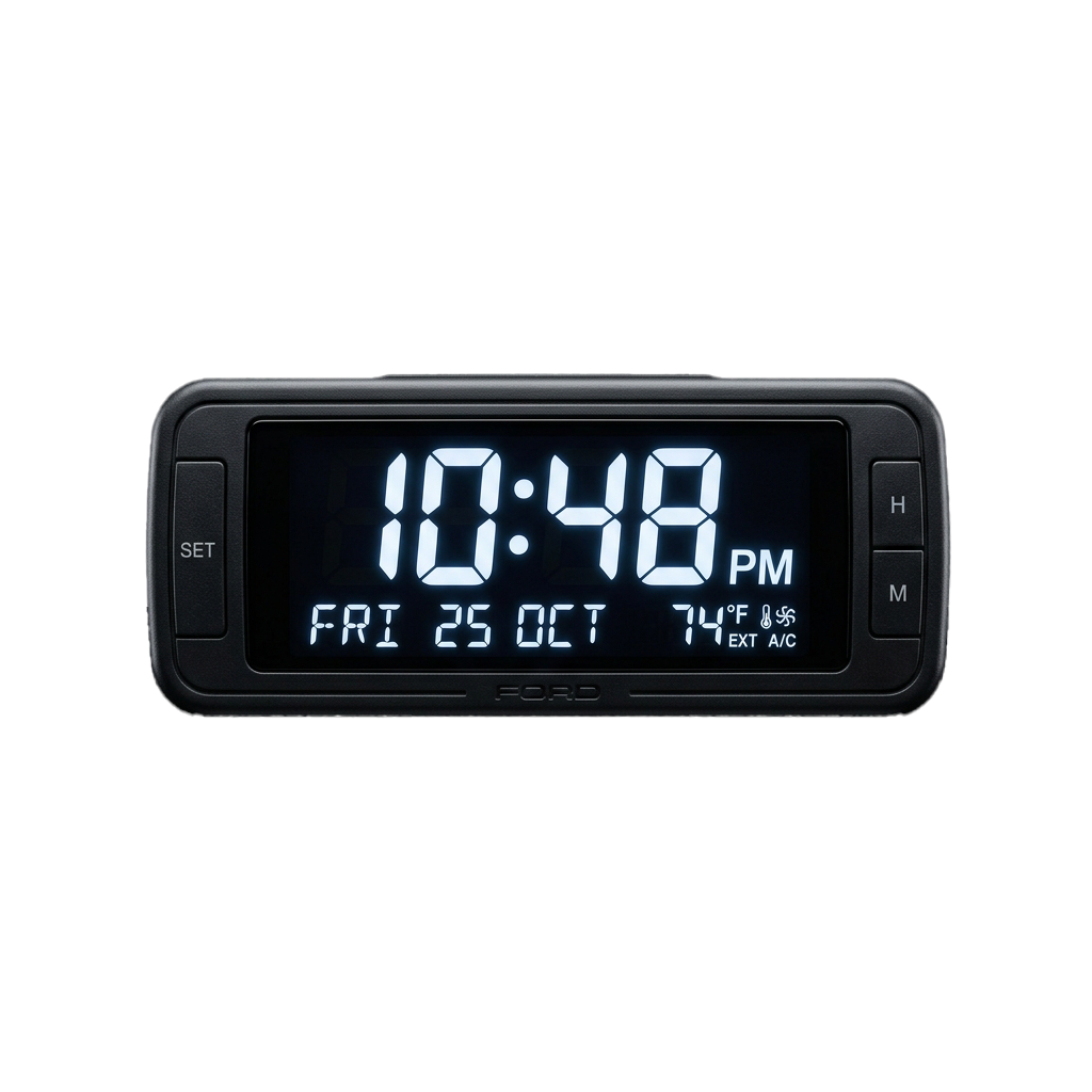 Digital car clock showing 10:48 PM, Friday, 25 October, and 74 degrees Fahrenheit