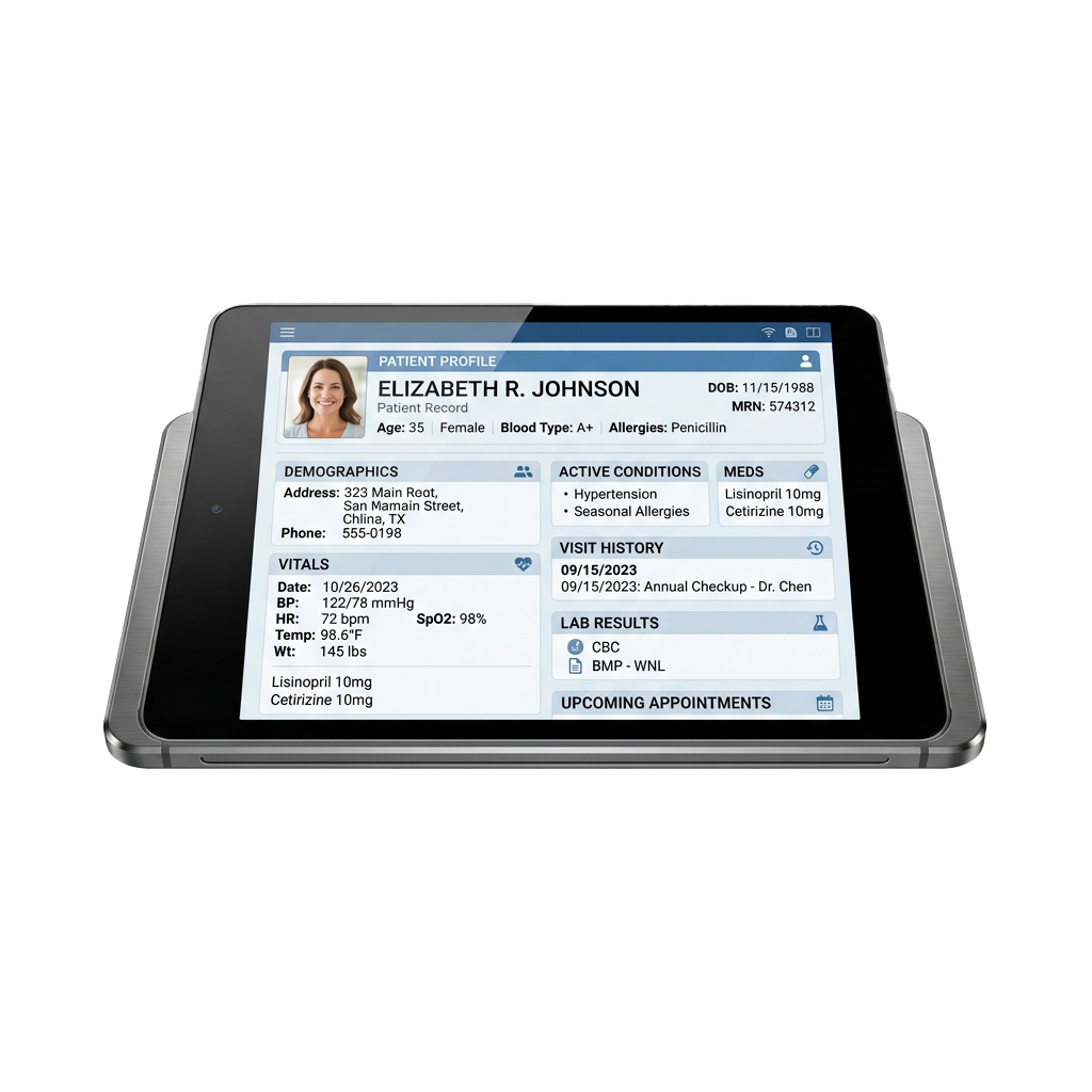 Tablet showing a patient profile with vitals, medications, and medical history details