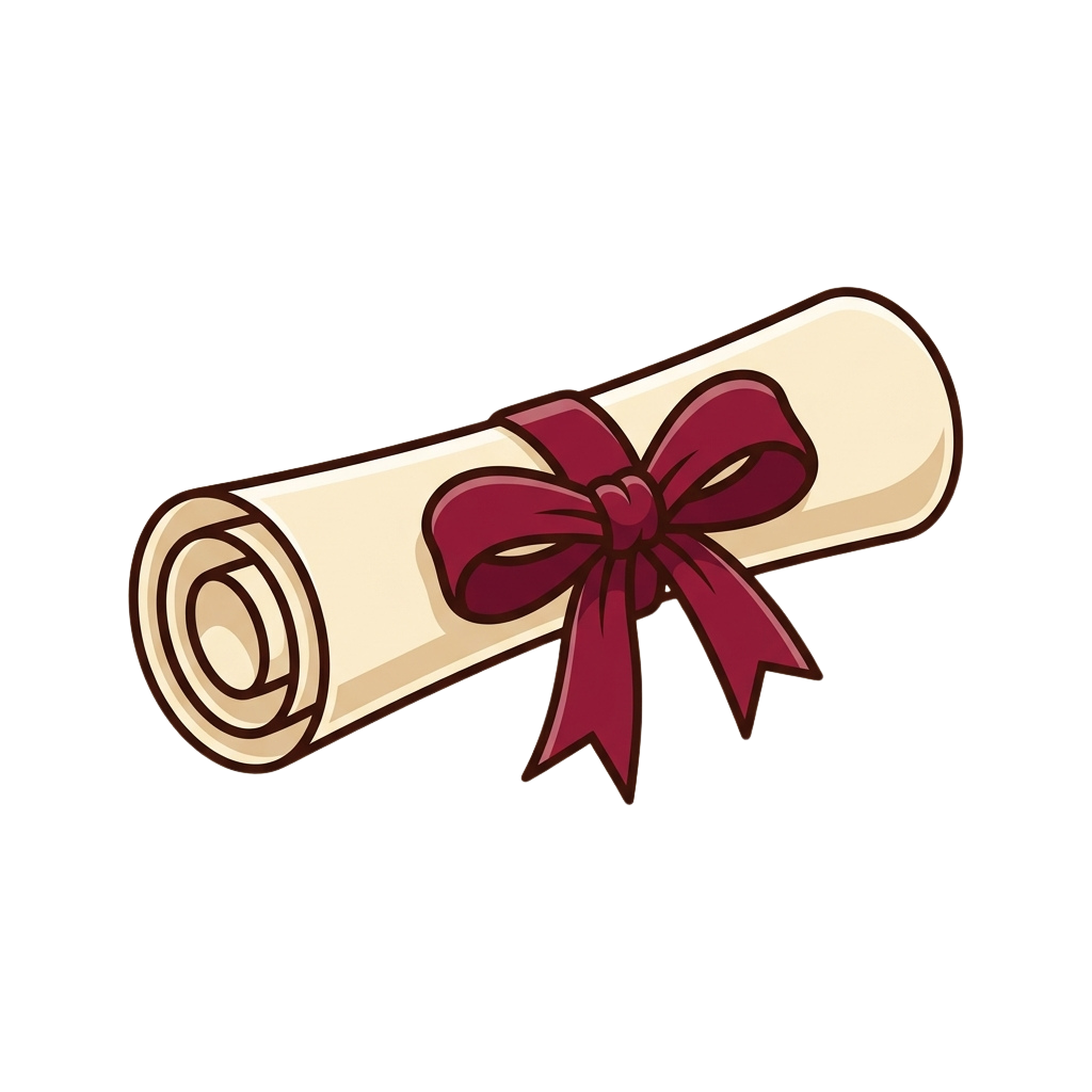 Illustration of a rolled diploma with a maroon ribbon bow tied around it