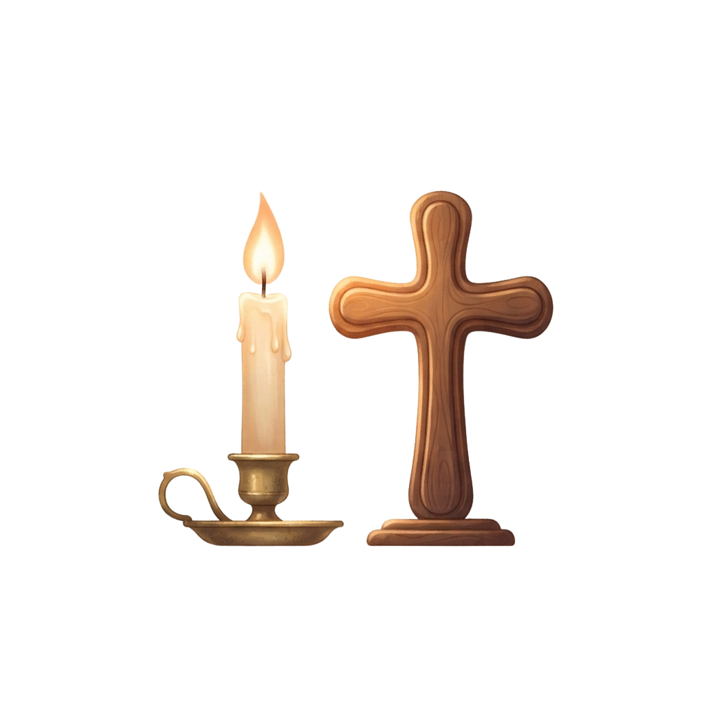 A lit candle beside a wooden cross on a dark background