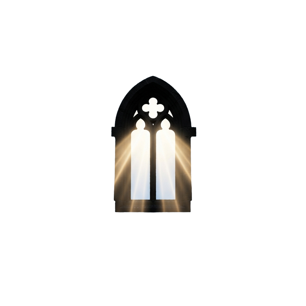 Gothic arched window with three vertical light panels and a decorative rose window at the top glowing softly