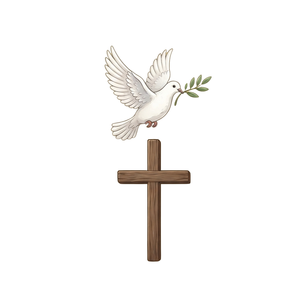 A white dove with an olive branch in its beak perched above a wooden cross