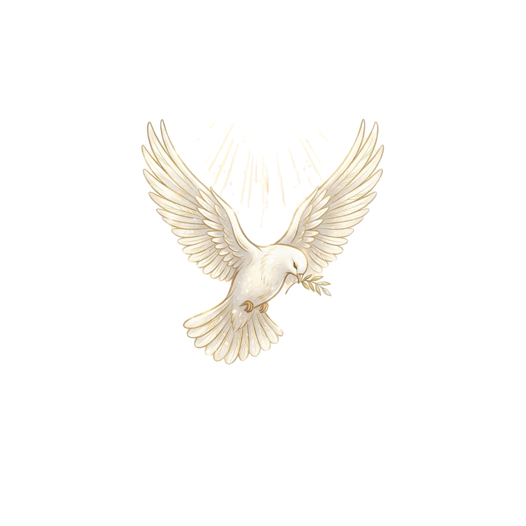 A white dove with wings spread wide against a black background, symbolizing peace