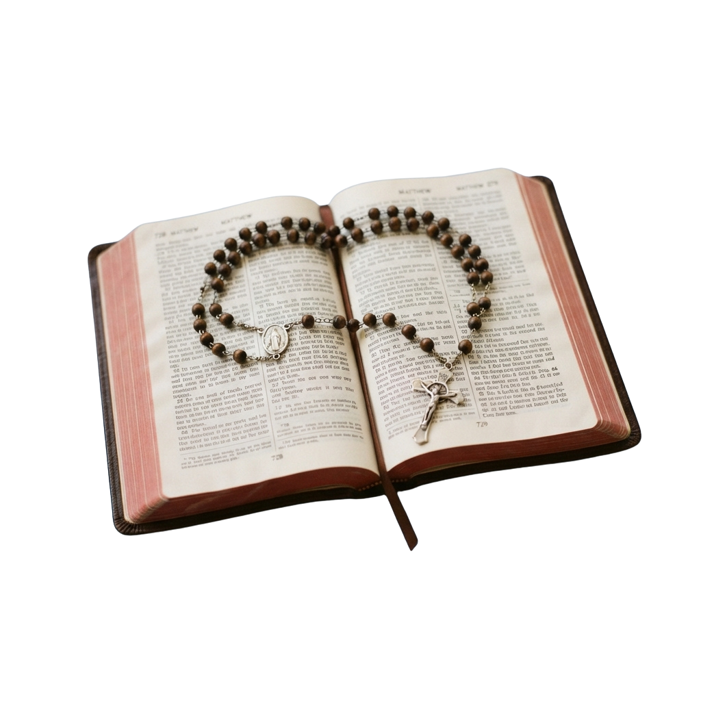 Open book with religious text and a rosary laid across the pages