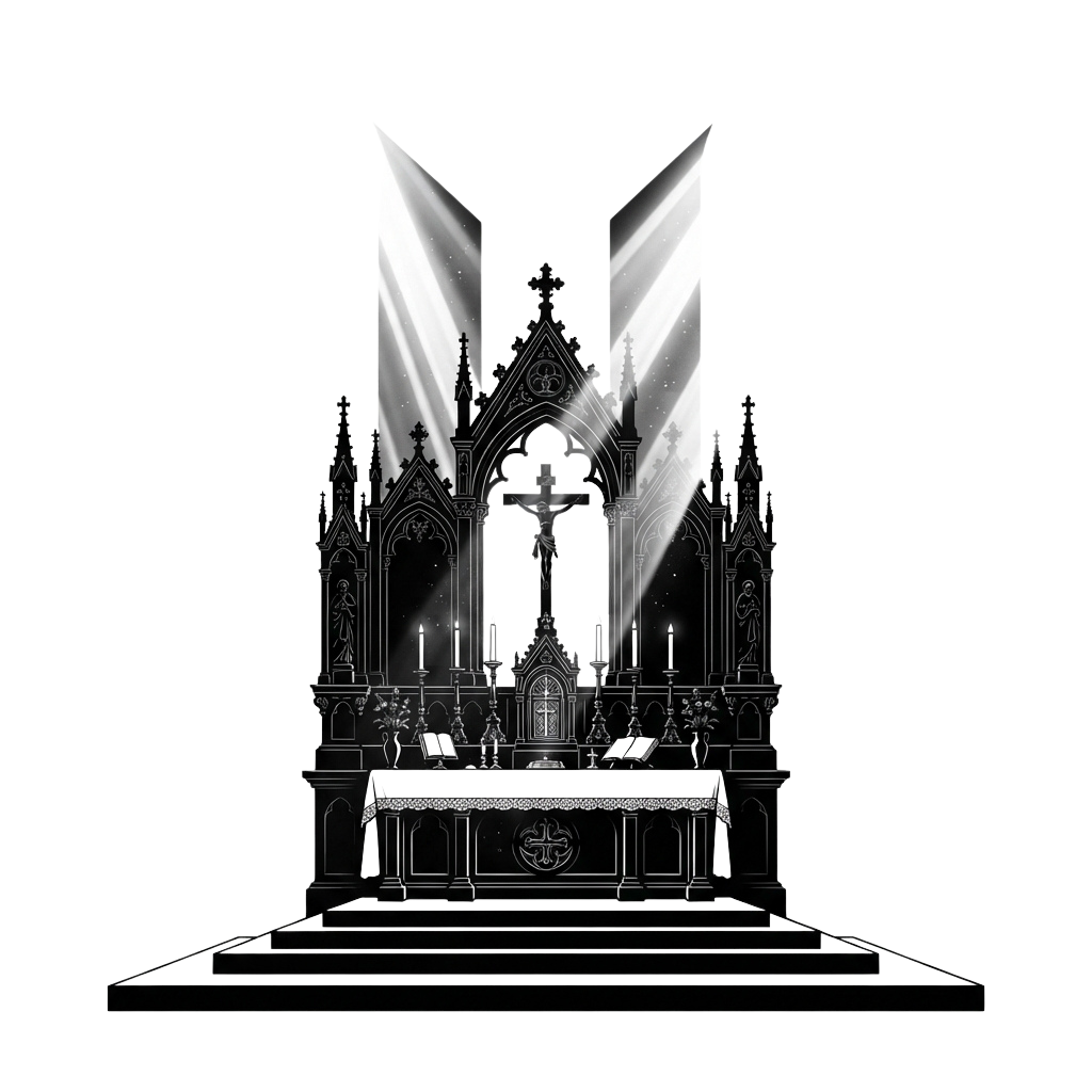 A detailed black and white line drawing of a Gothic-style church altar with candles and a central cross, illuminated by light beams.