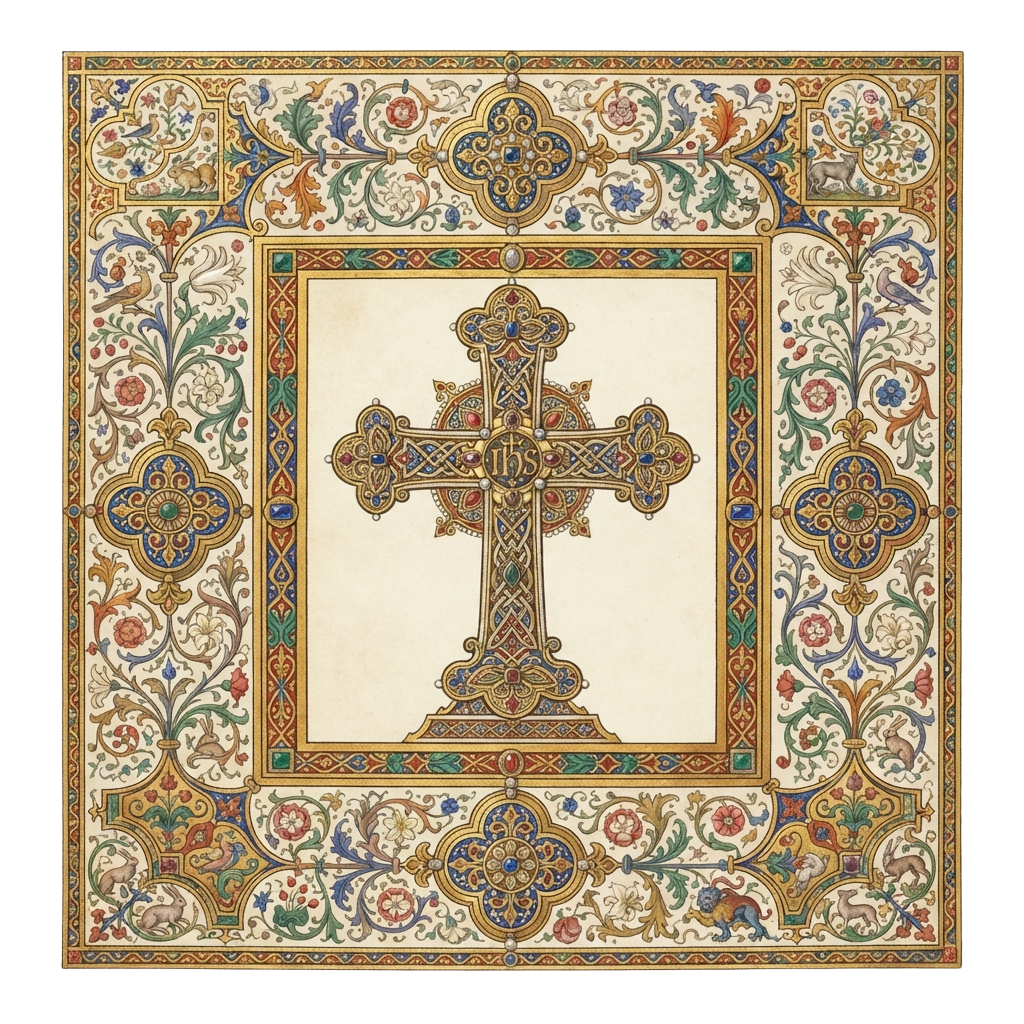 Decorative cross with elaborate gold and floral patterns framed by intricate medieval-style borders