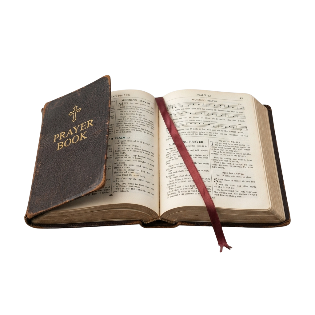 Open vintage prayer book showing Psalm 23 and morning prayer section with a red ribbon bookmark