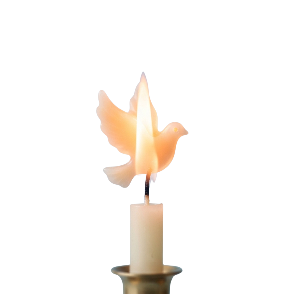 A lit candle shaped like a dove with outstretched wings against a dark background