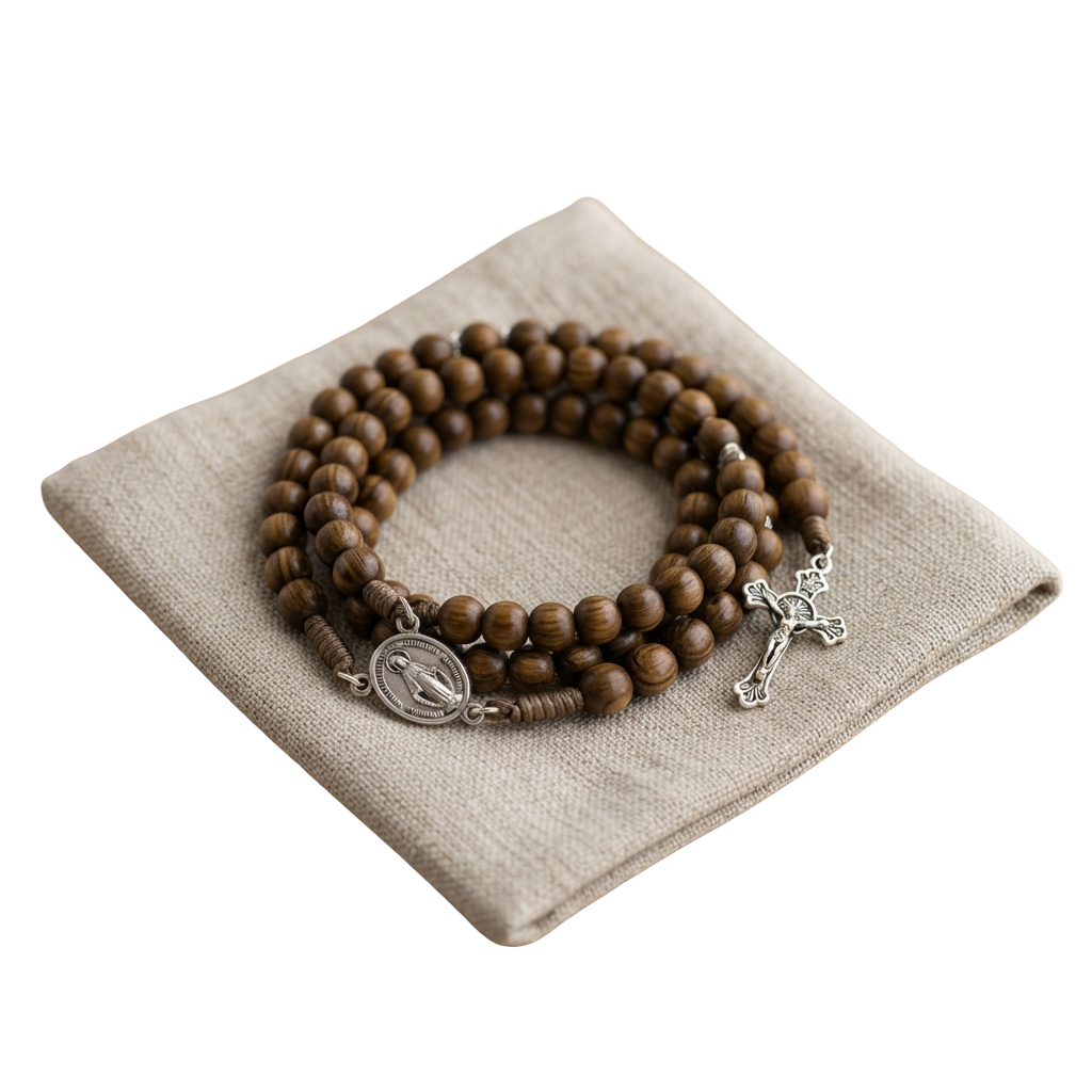 Wooden rosary bracelet with silver cross and medal charm on beige fabric background