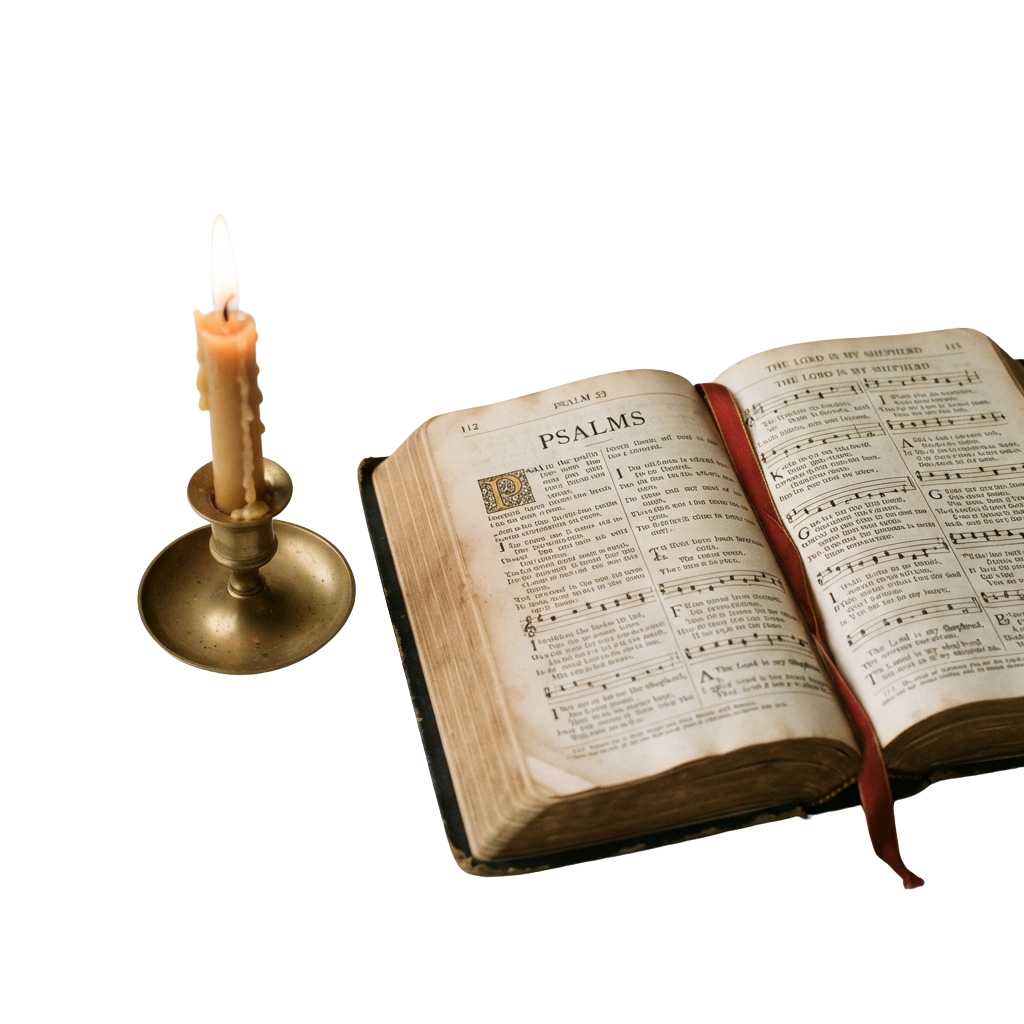 Open book of Psalms next to a lit candle on a dark background