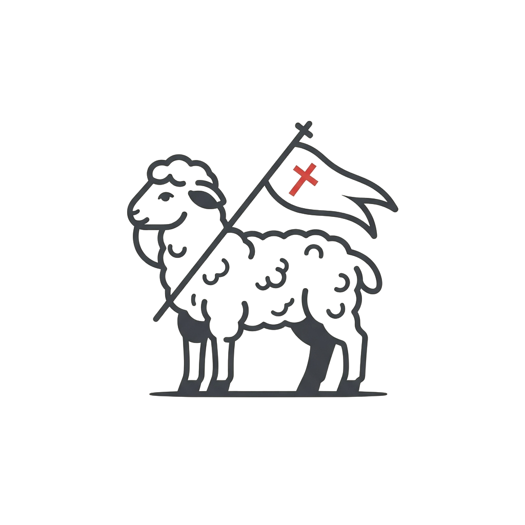 A stylized illustration of a sheep standing on its hind legs holding a flag with a red cross symbol