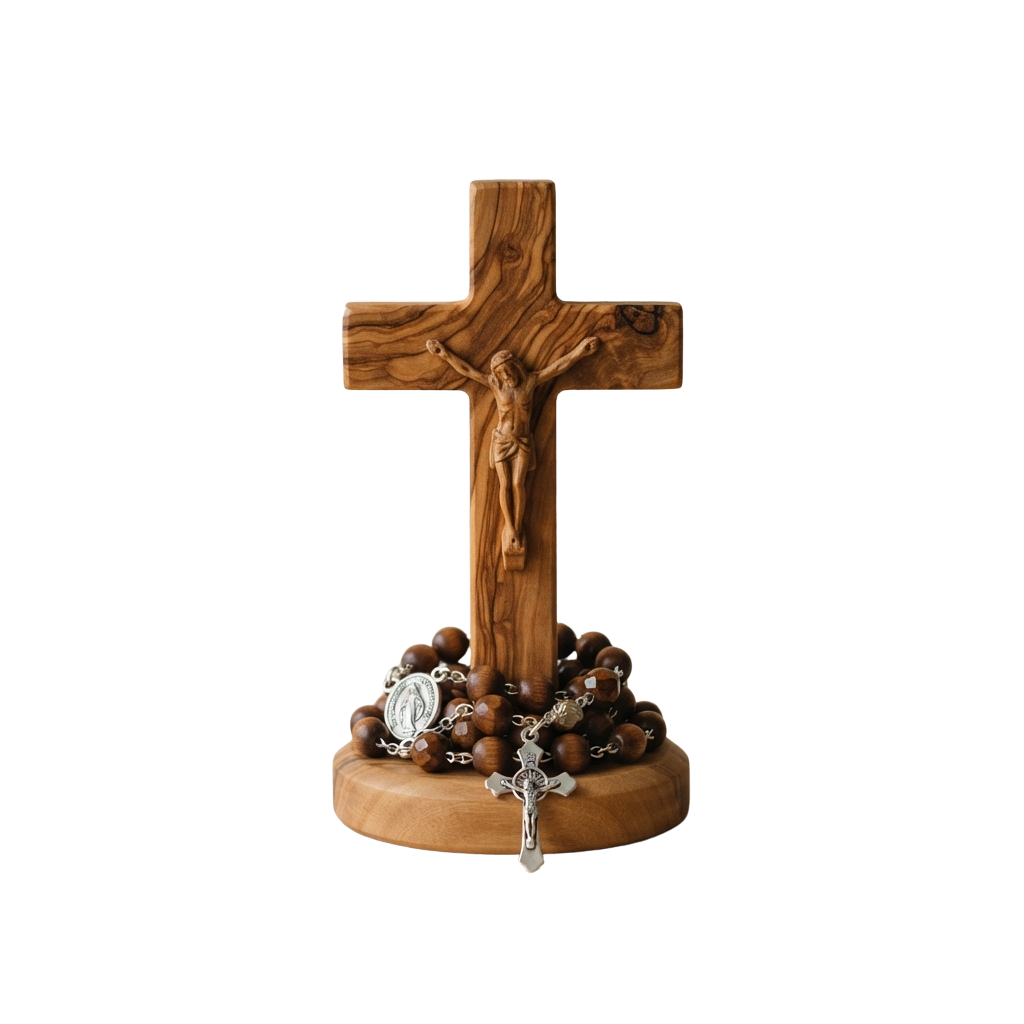 A wooden crucifix with a carved figure of Jesus Christ on the cross, placed on a base with a rosary and beads.