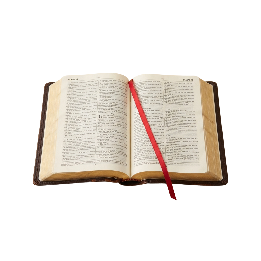 An open book displaying Psalms 91 to 92 with a red ribbon bookmark