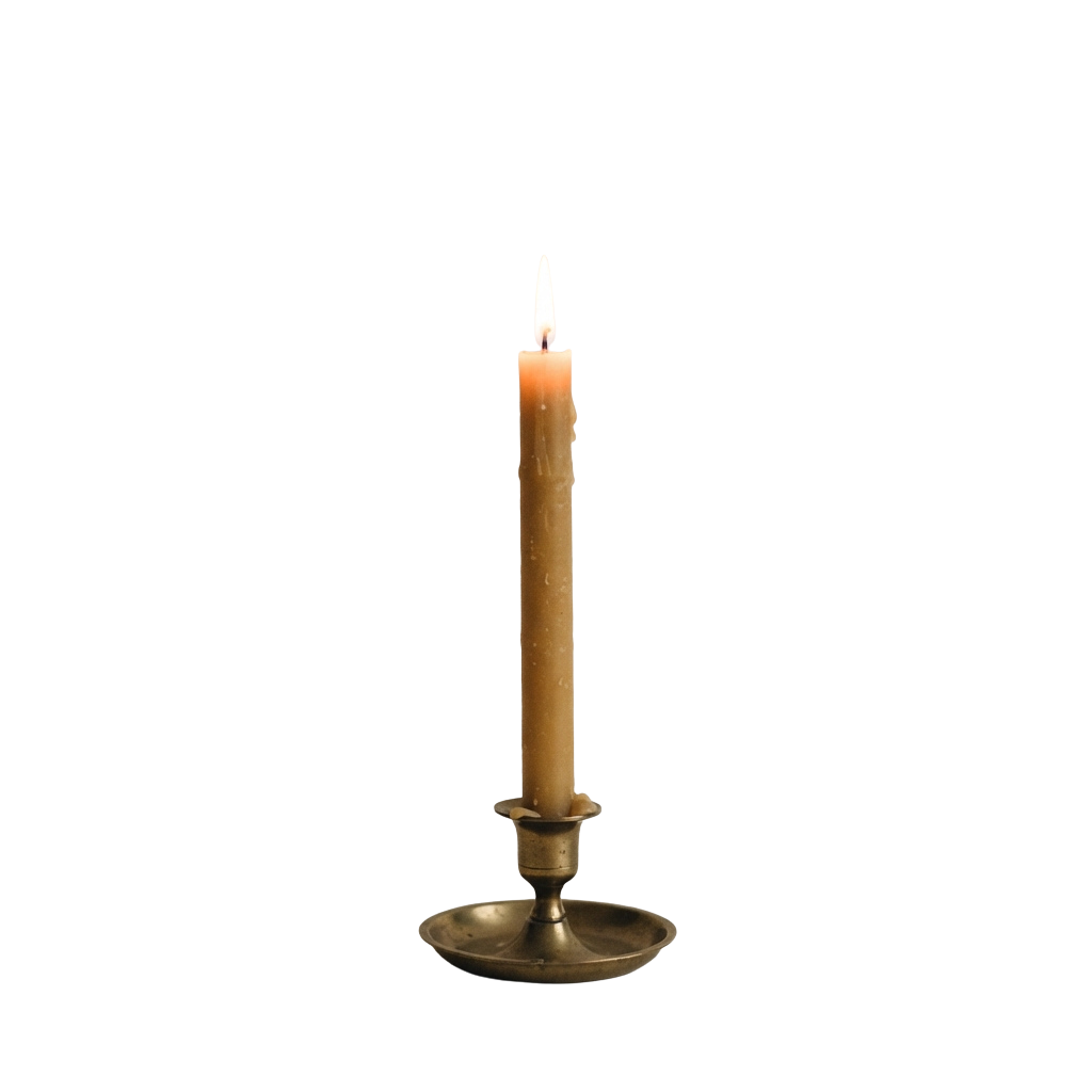 A single lit candle with a golden flame on a small metal holder against a dark background