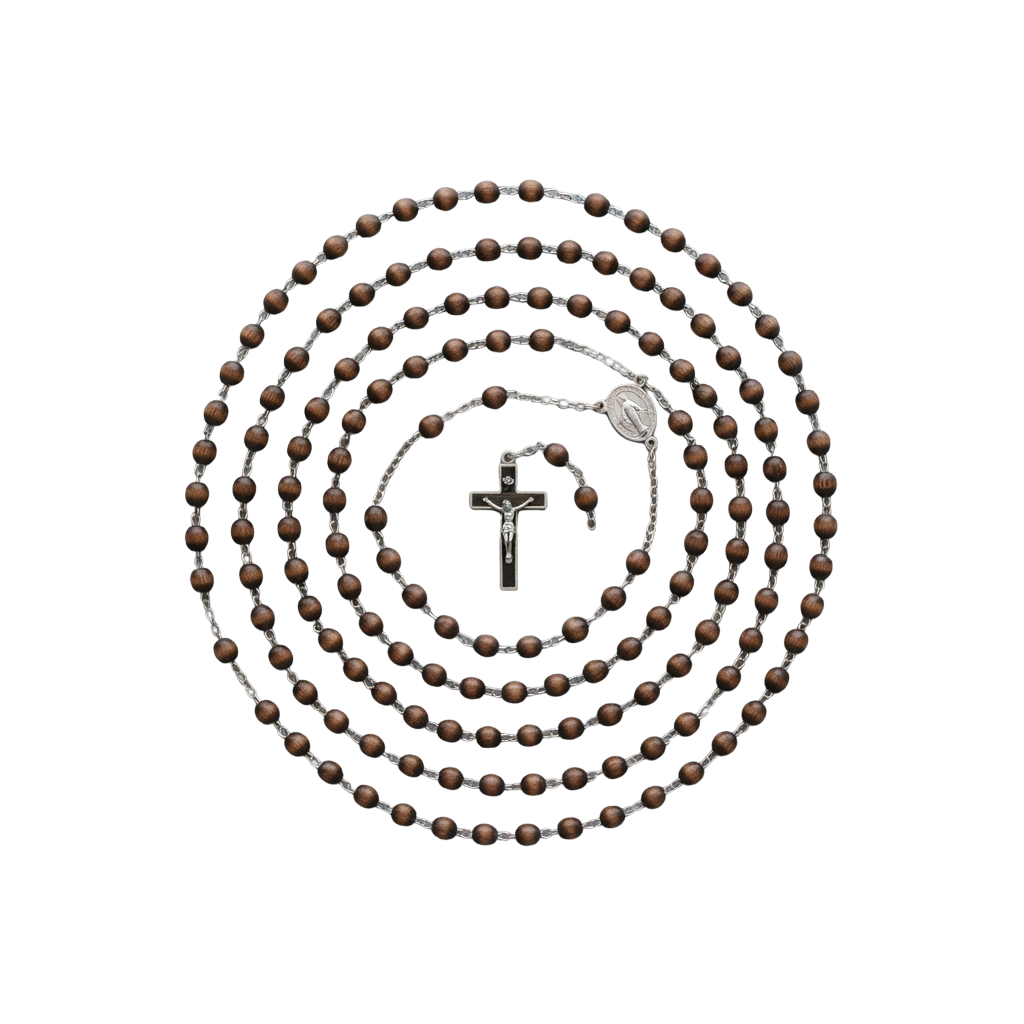 Spiral arrangement of brown rosary beads with a silver cross pendant and medal in the center