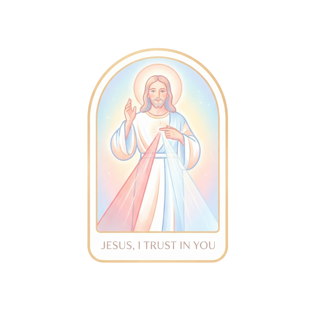 Illustration of a serene figure with a halo, blue robe, and hands pressed together in prayer, with the text Jesus I Trust in You