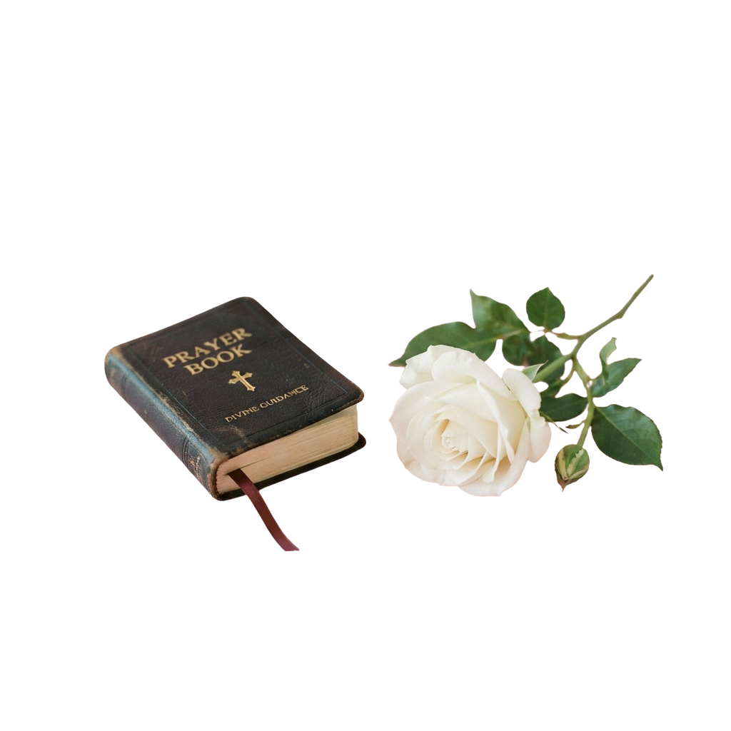 A black prayer book labeled Divine Guidance next to a white rose with green leaves