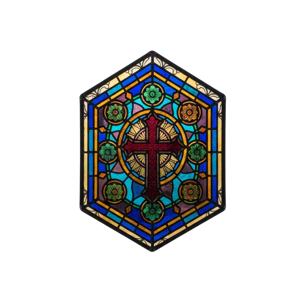 Colorful stained glass cross design with floral patterns and intricate geometric borders