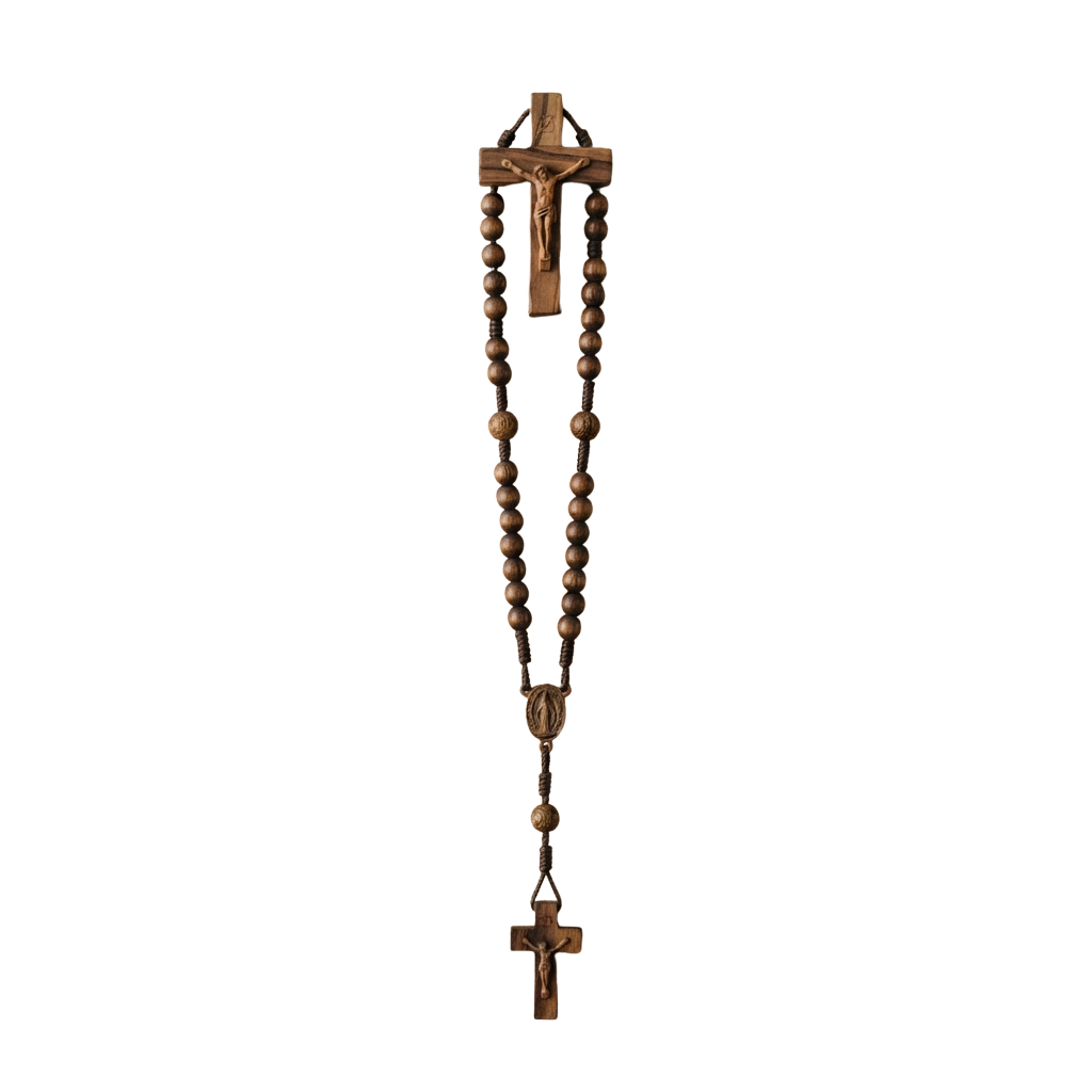 A wooden rosary with large beads and a crucifix pendant hanging against a dark background