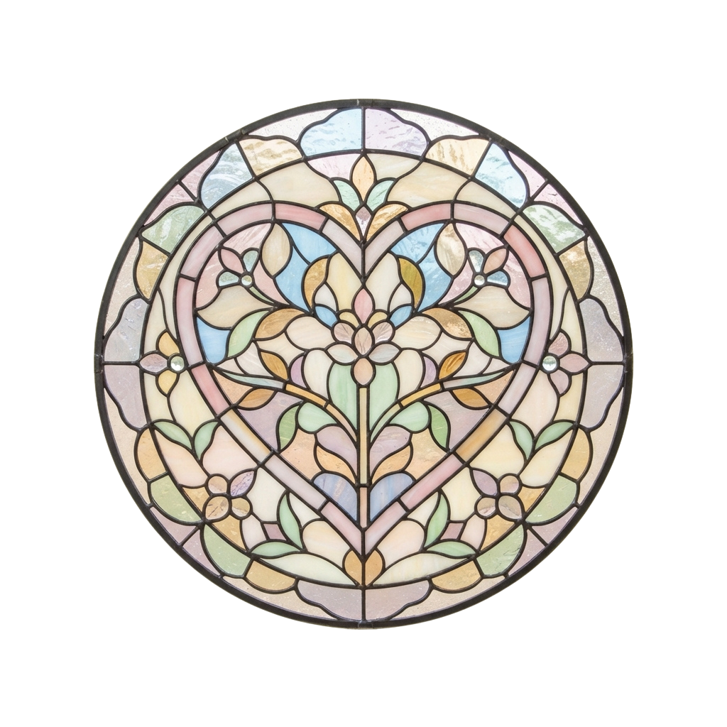Circular stained glass artwork featuring a symmetrical tree of life design with floral patterns and pastel colors