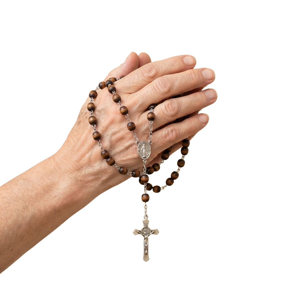 Two hands clasped in prayer holding a wooden rosary with a silver cross and medal pendant.