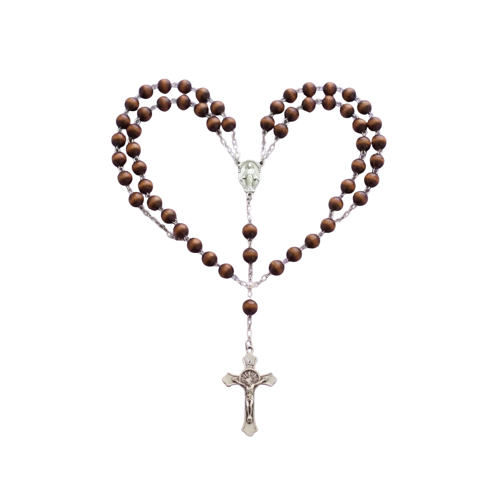 A heart-shaped rosary made of wooden beads with a silver crucifix pendant hanging from the center.