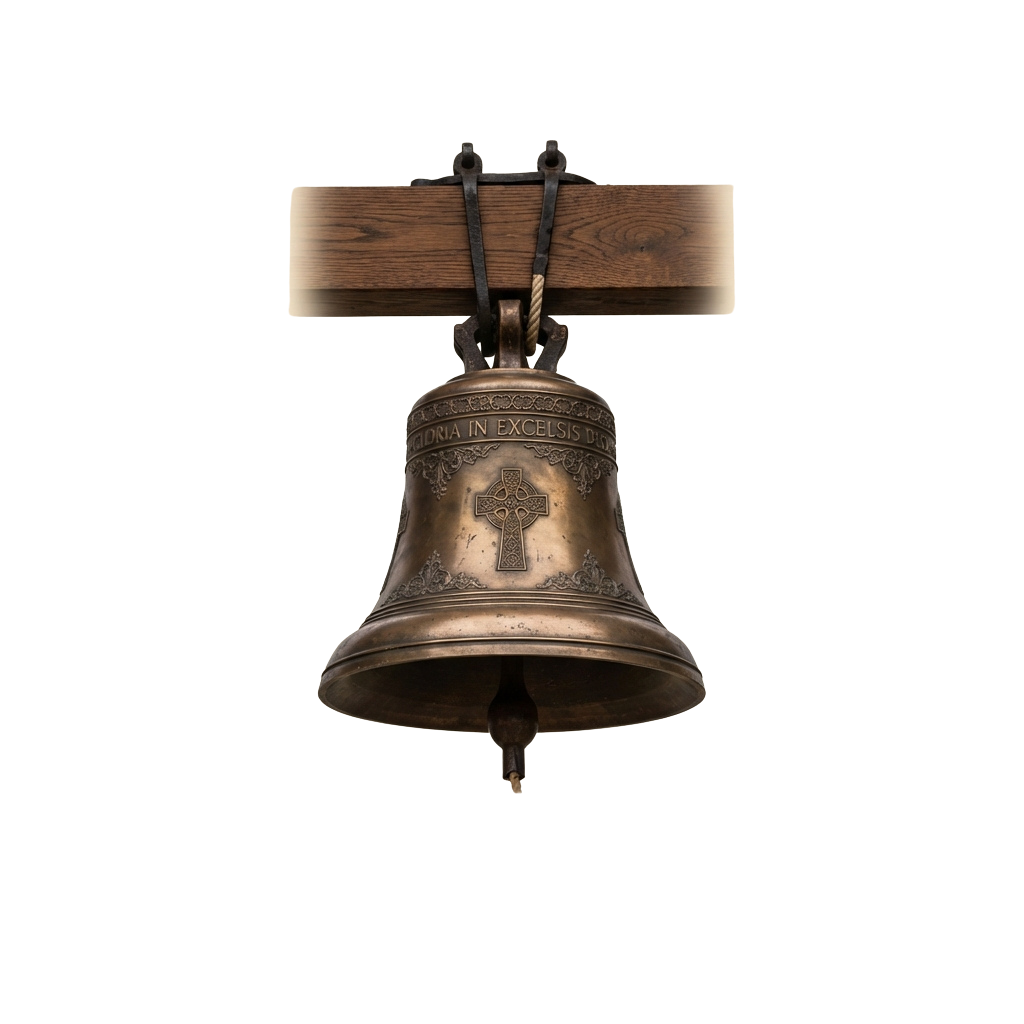 A copper-colored bell with a Celtic cross emblem hanging from a wooden beam with metal clamps