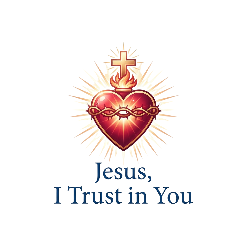 Sacred heart with crown of thorns and cross, glowing rays, text Jesus I Trust in You