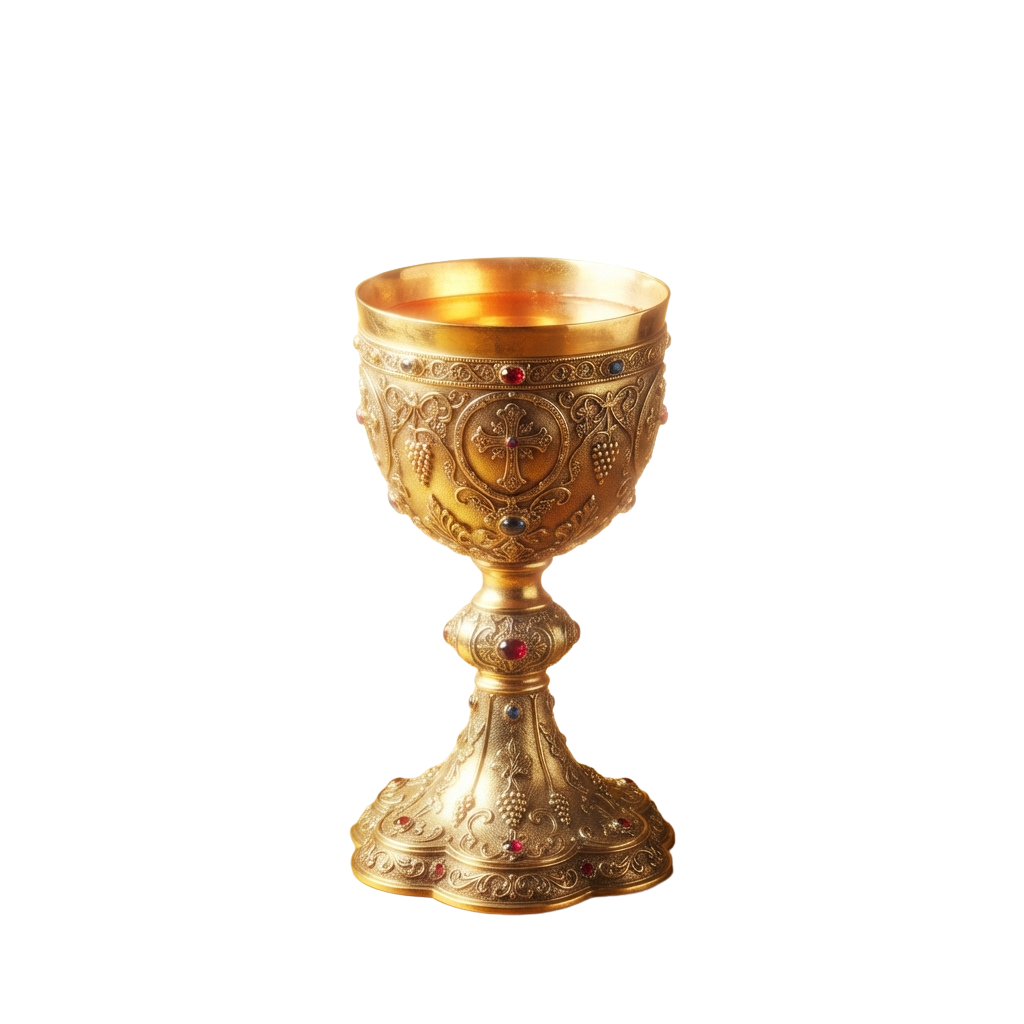 A golden chalice with detailed engravings and gemstones, used in religious ceremonies.