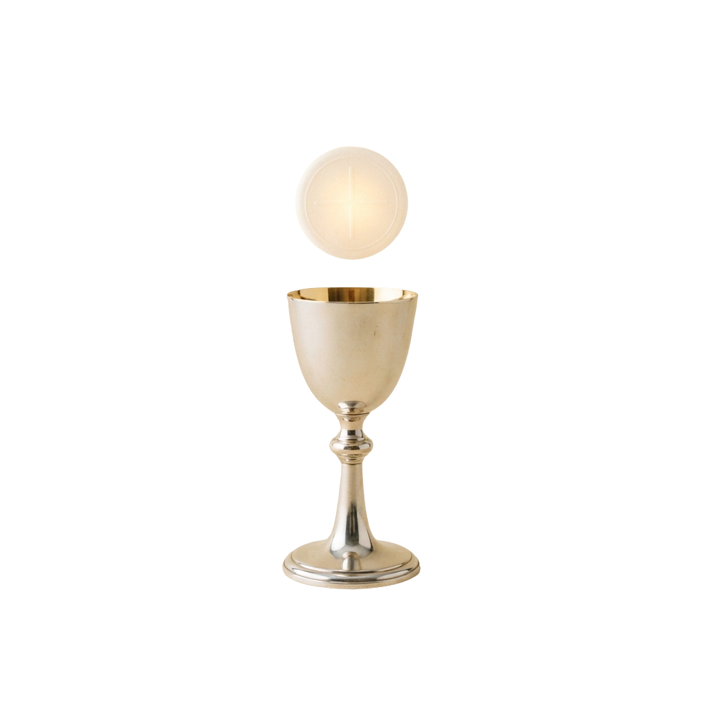 A silver chalice with a round communion wafer above it on a black background