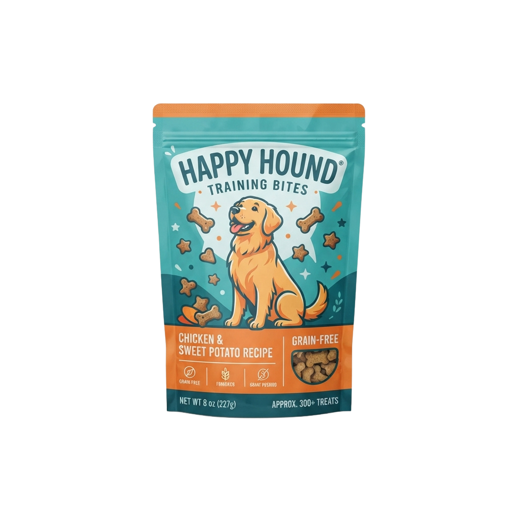 Bag of dog training treats labeled chicken and sweet potato recipe, grain-free, with a cartoon golden retriever